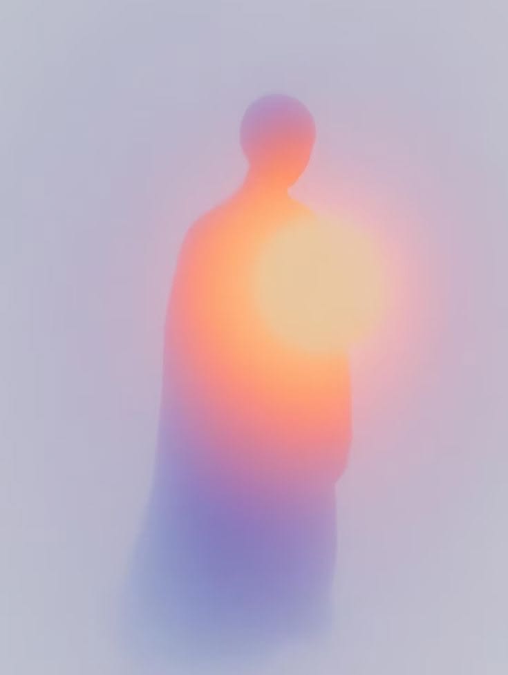 A glowing figure surrounded by warm and cool light